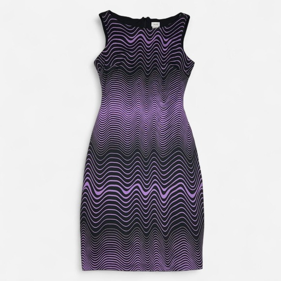 Cache Dresses & Skirts - Y2K Cache Vintage Purple Striped Swirl Bodycon Sleeveless Midi Dress